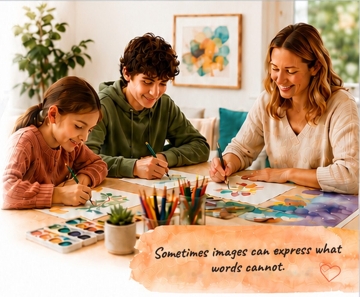 A therapist creating artwork with a child and teenager. Sometimes images can express what words cannot.