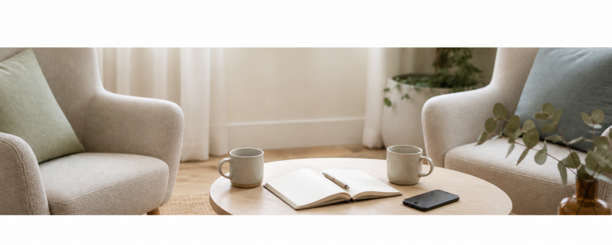 A calm therapy room with two armchairs, mugs, a notebook and a phone