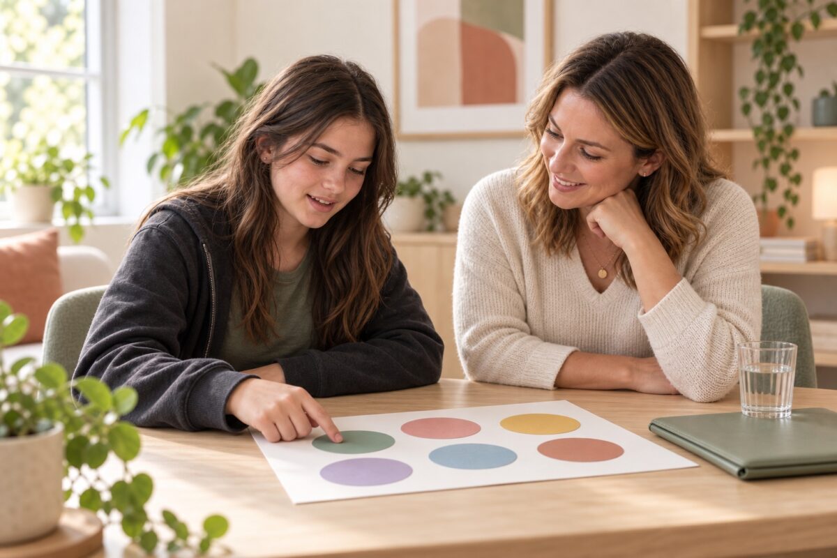 Two people talking together in a bright, calm consulting room