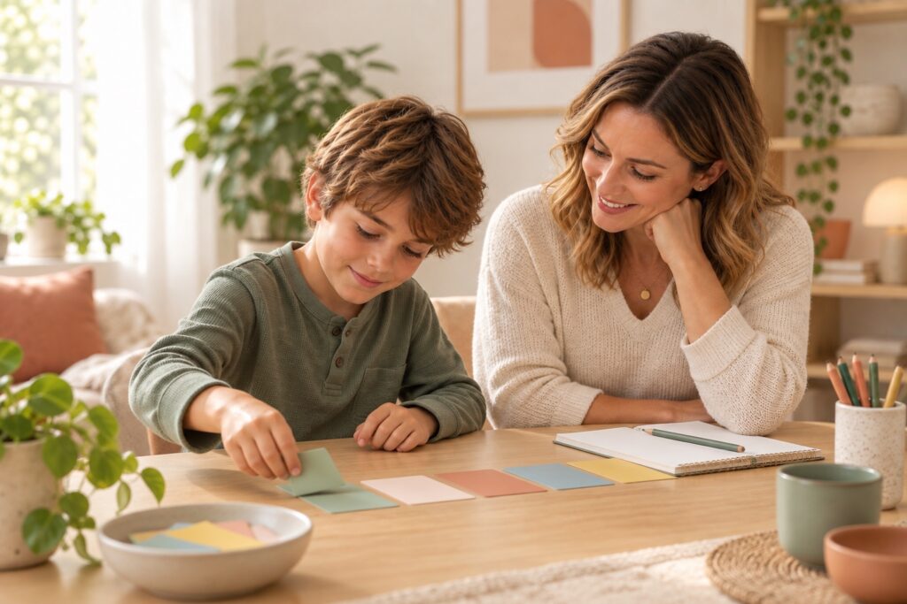 A child and parent calmly organising a routine together at a table
