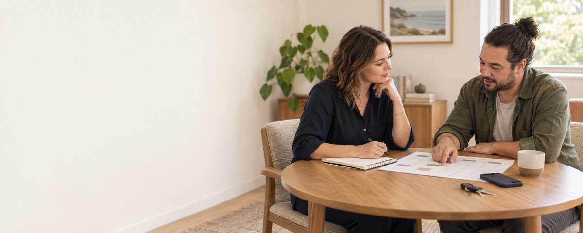 A woman and a man sitting together at a dining table, going through a weekly plan and notes.
