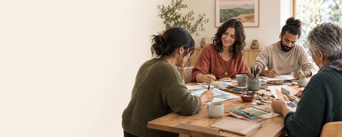 A small group taking part in a facilitated art therapy session.