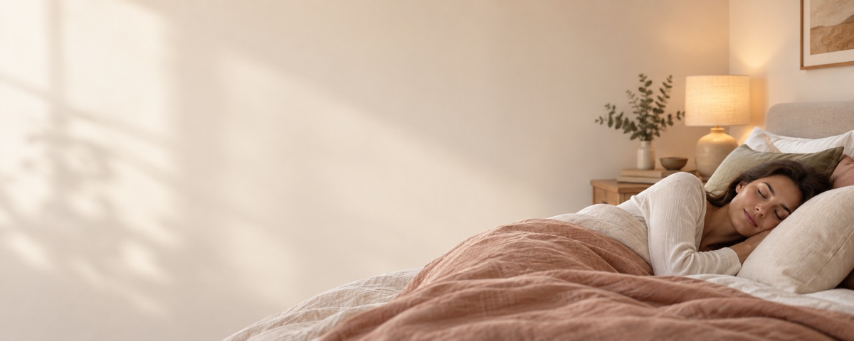 Woman sleeping peacefully in a softly lit bedroom