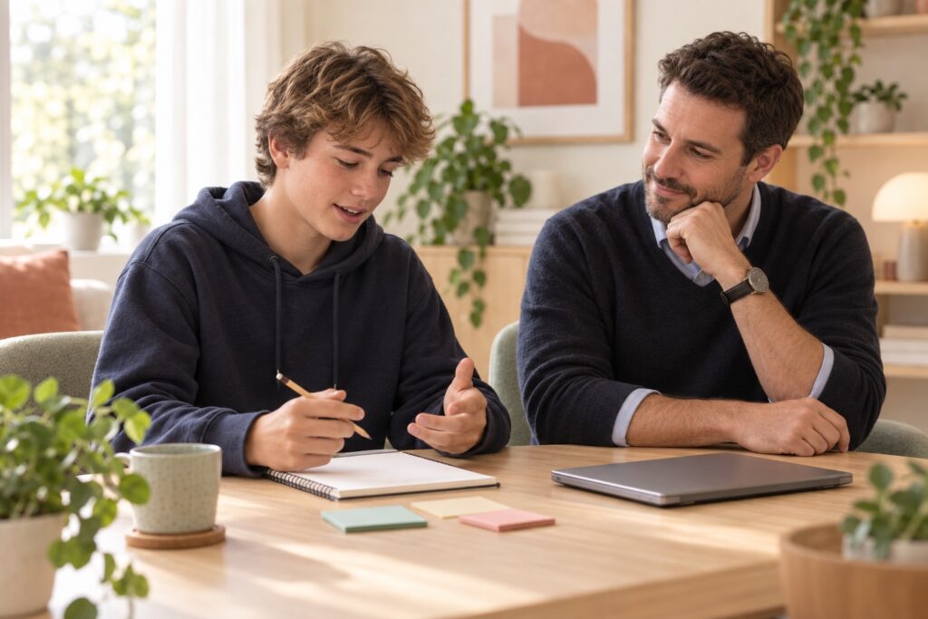 A teenager discussing school organisation with a psychologist