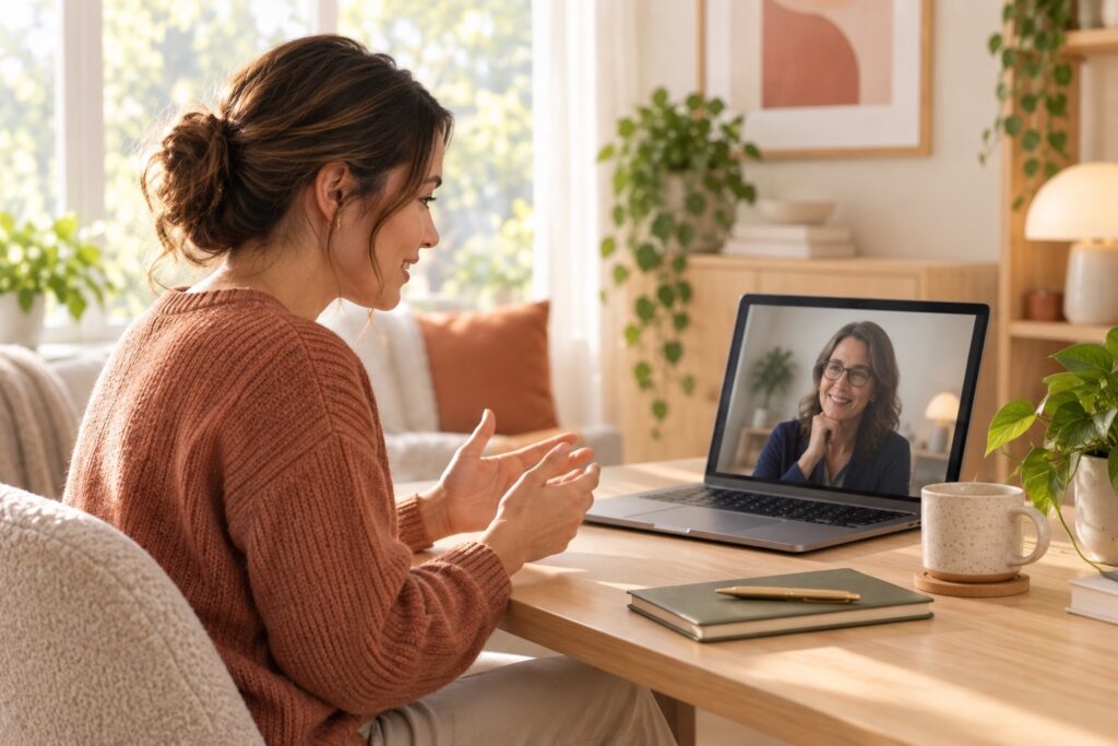 An adult attending an online psychology appointment from a private home workspace