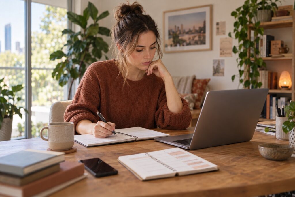Young adult organising study tasks at a home desk