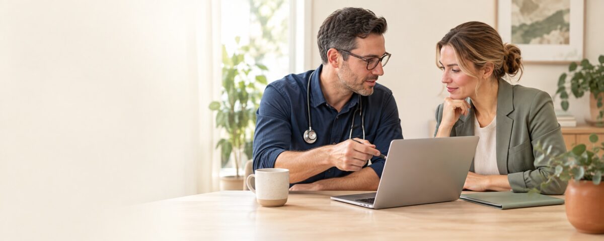 A GP and a colleague reviewing a referral together on a laptop