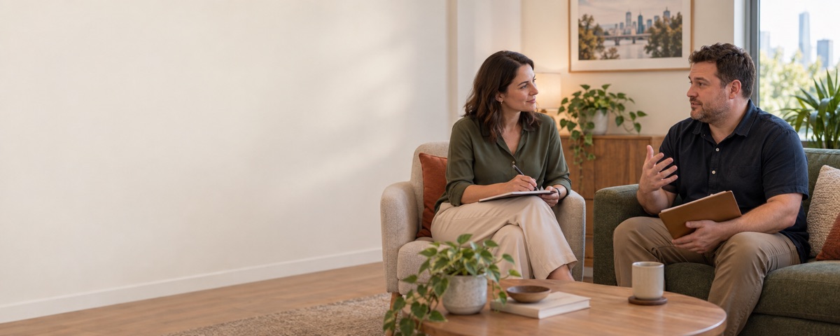 Adult man leading a relaxed conversation with a psychologist