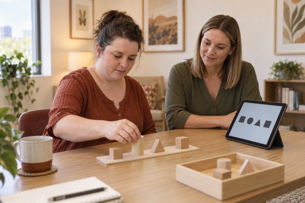 Adult woman completing a visual reasoning activity with a psychologist beside her