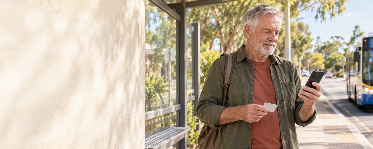 Older adult independently checking his phone and travel card at a bus stop