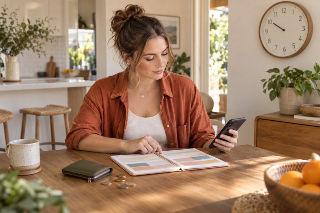 Young adult planning her day using a calendar, phone, clock and wallet