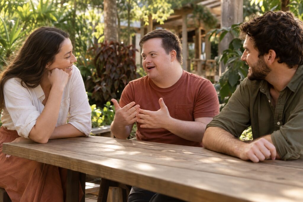 Three adult friends sharing a relaxed conversation in a community garden