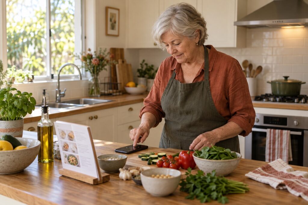 Older adult preparing a meal while following a recipe and setting a timer