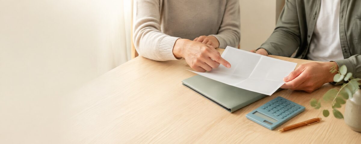 Two people at a table reviewing a printed fee schedule, with a folder and calculator
