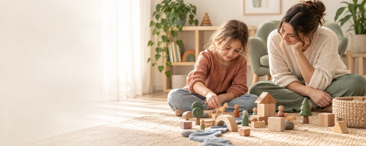 A child and a clinician playing together on the floor with toys