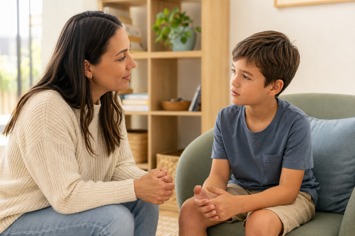 A psychologist talking with a young child