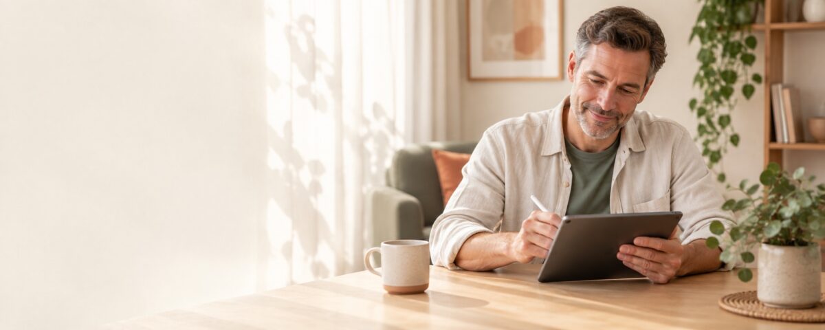 A man sitting at a home dining table completing a survey on a tablet