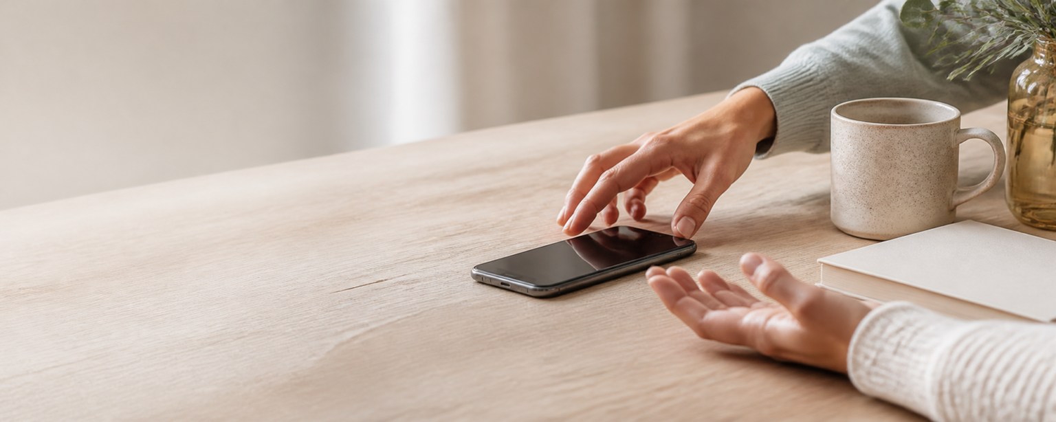 A hand reaching for a phone beside a mug on a calm wooden table