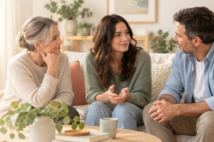 Three adults talking together in a calm living room