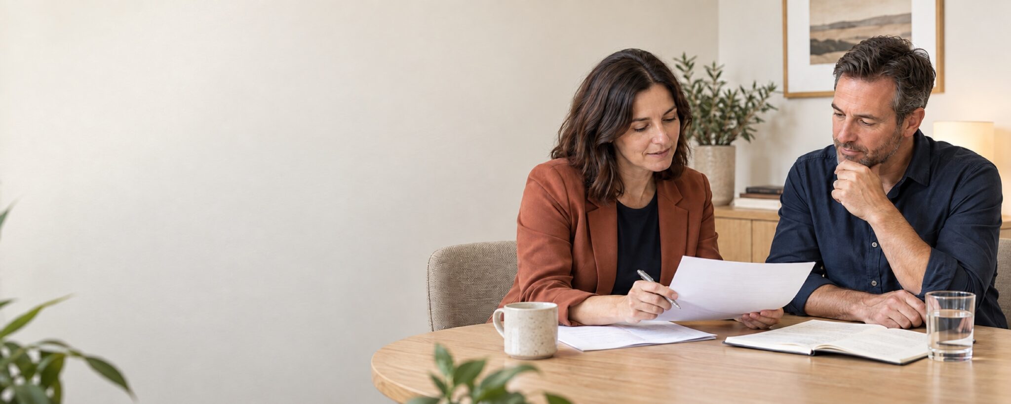 A woman and a man sitting at a table reviewing a document together, with notes and an open folder in front of them.