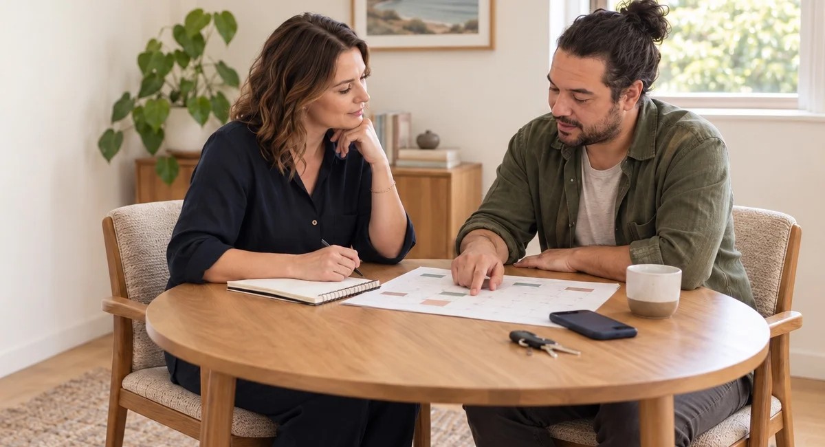 Two adults at a round wooden table at home, reviewing a printed chart together