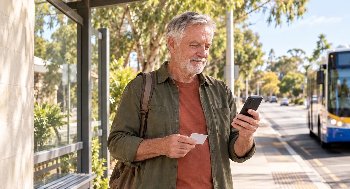 Older adult independently checking his phone and travel card at a bus stop